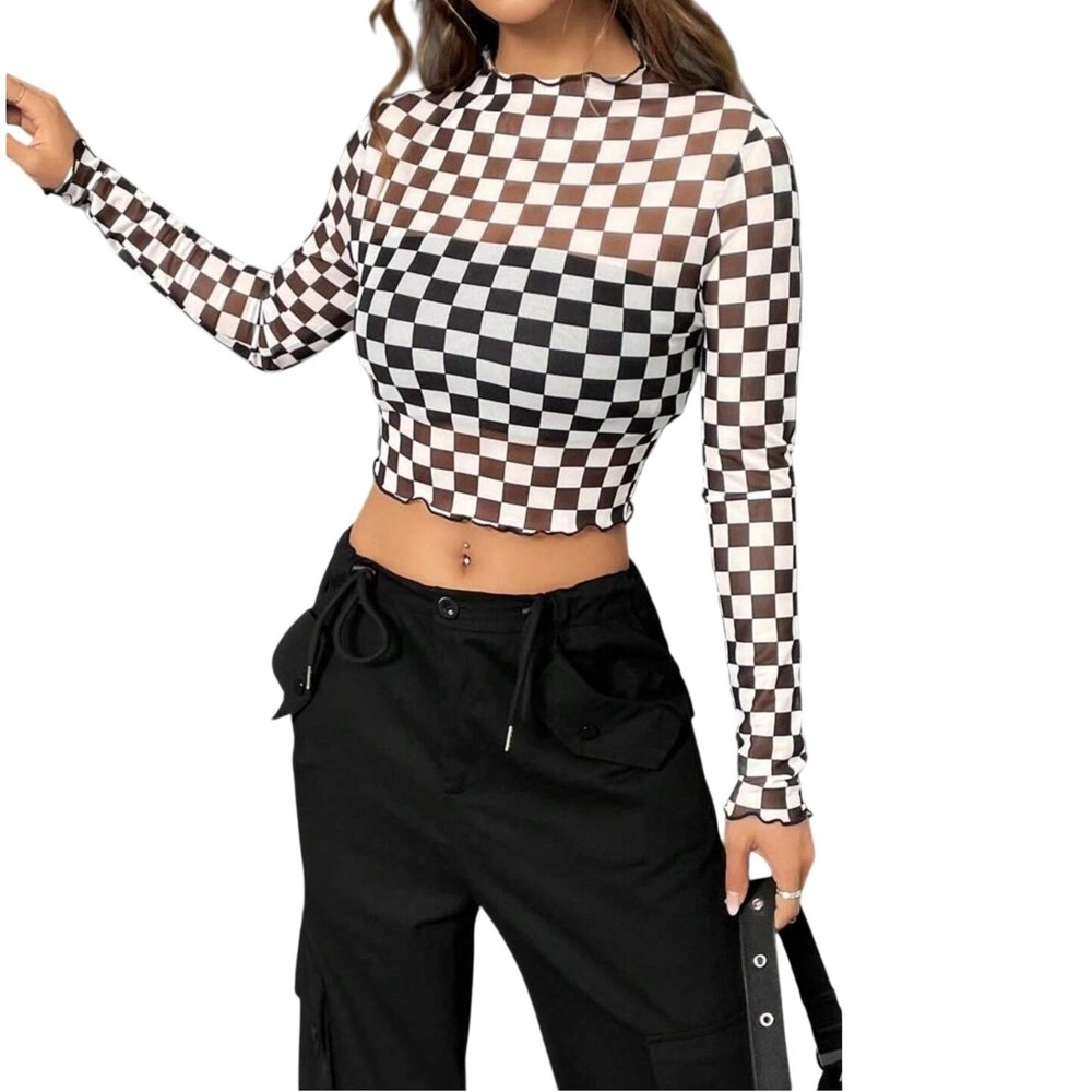 Sheer Mesh Checkerboard Top NWT Women LG Black White Mock Neck Lettuce Trim Crop